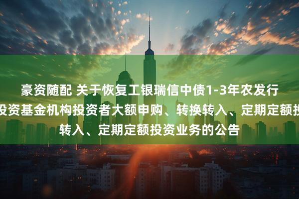 豪资随配 关于恢复工银瑞信中债1-3年农发行债券指数证券投资基金机构投资者大额申购、转换转入、定期定额投资业务的公告